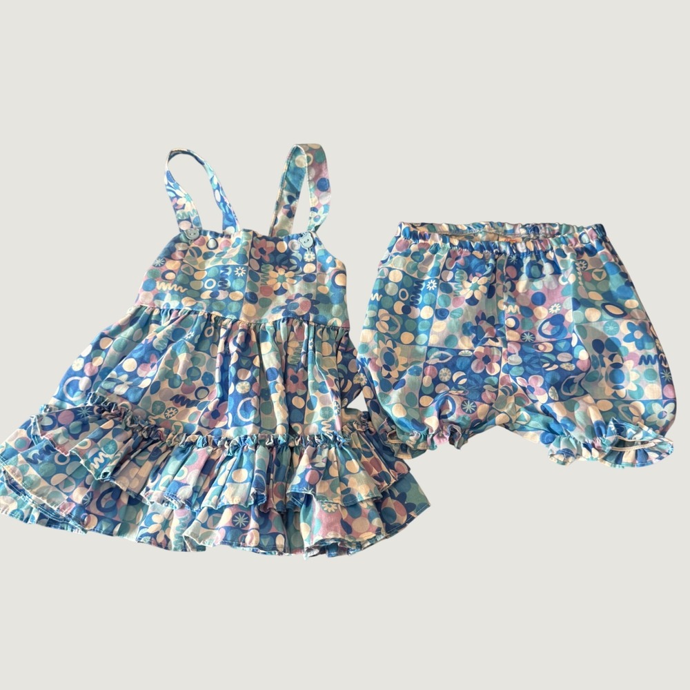 Lid'l Dolly's Girls Two-Piece Set 2T Blue Geometric Floral Ruffle Vintage Retro